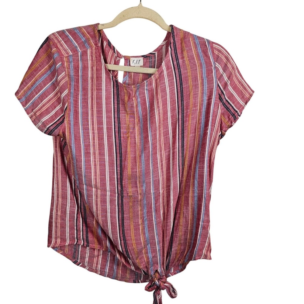 K.I.T. Womens Striped Tie‎ Front Short Sleeve Top Size S Red Blue Yellow Small